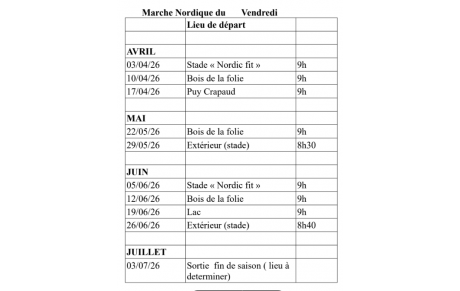 Marche Nordique - Planning du vendredi