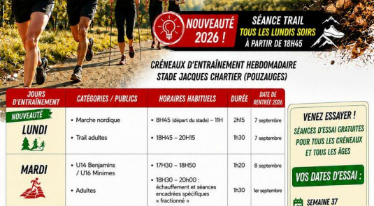 Horaires des entraînements Saison 2026-2027